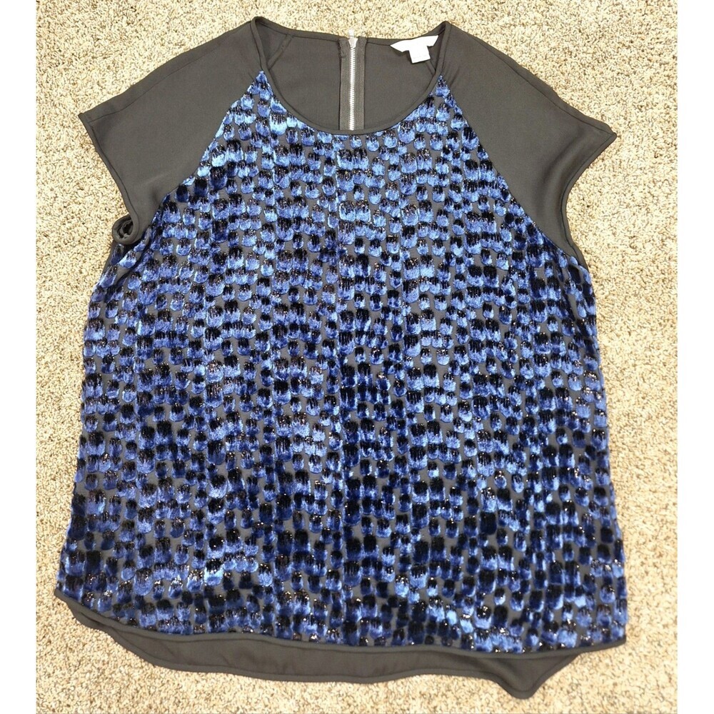 Diane‎ von Furstenberg DVF Black Blue Velvet Textured Silk Blend Top Large